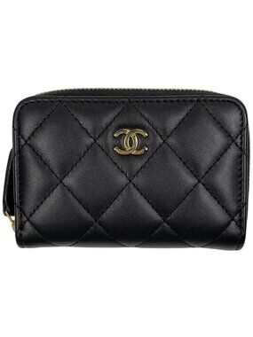 Chanel CC Logo Zip Around Coin Case Quilted Leather Black
